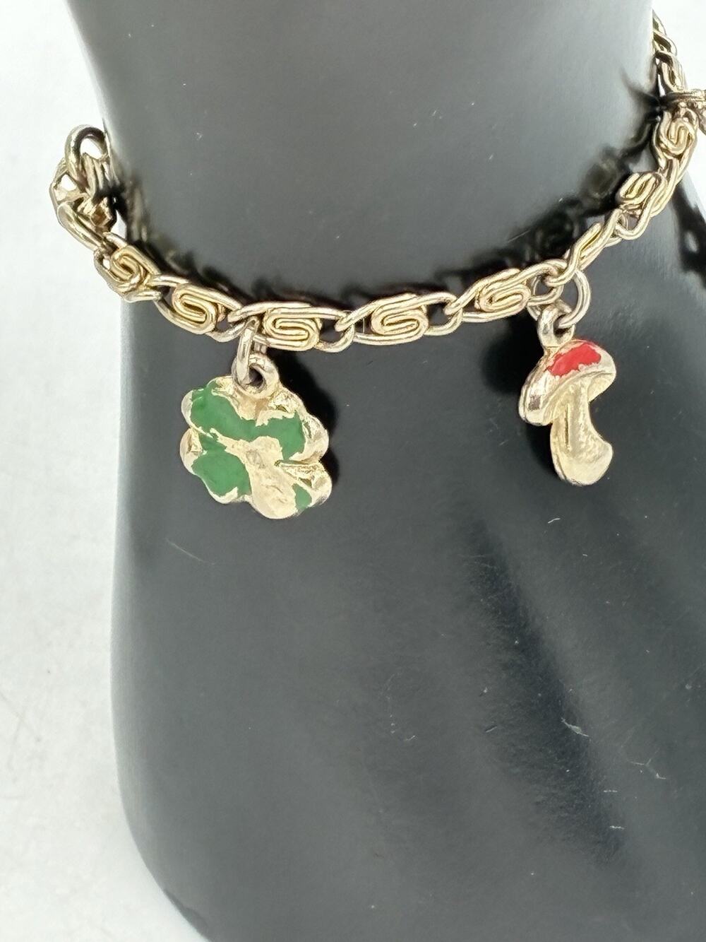 Vintage Child's Gold Tone Charm Bracelet Enamel Lucky Charms Clover Ladybug